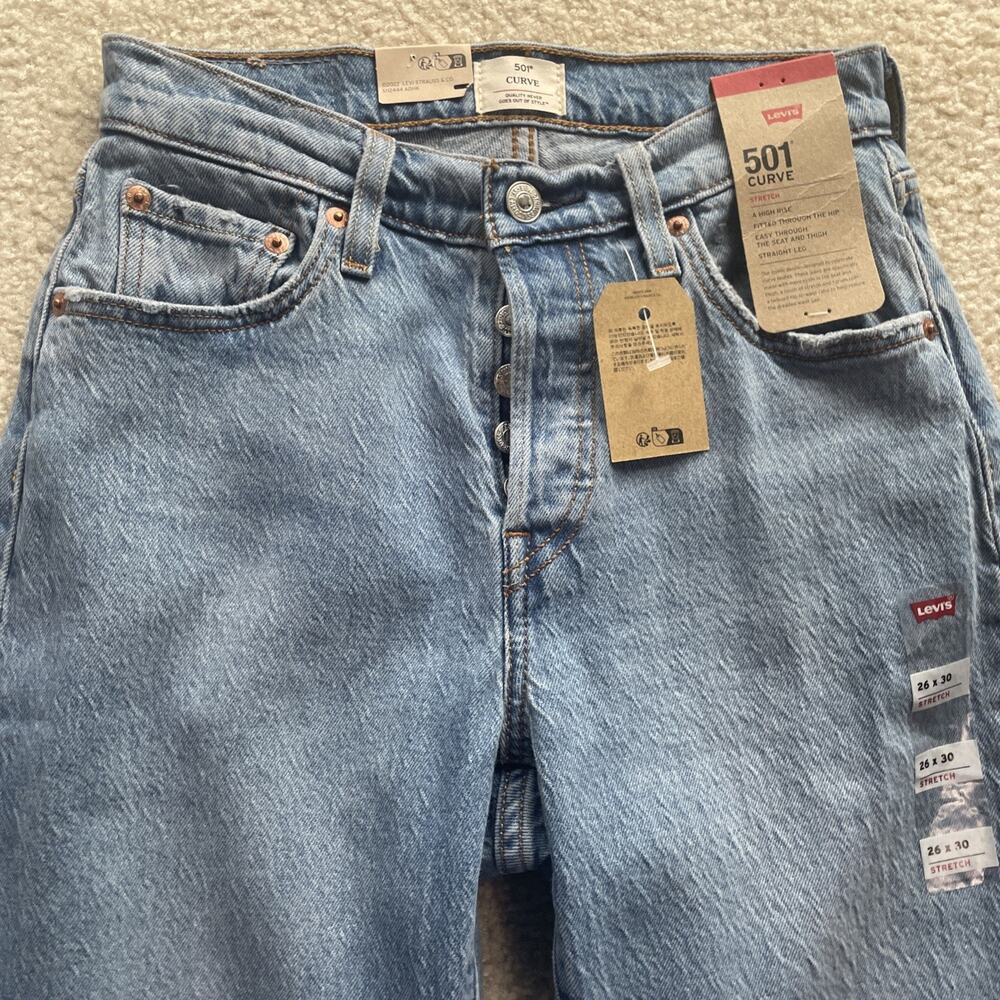 Levis 501 Curve High Rise Straight Leg Stretch Blue Jeans Womens 26x30 NWT